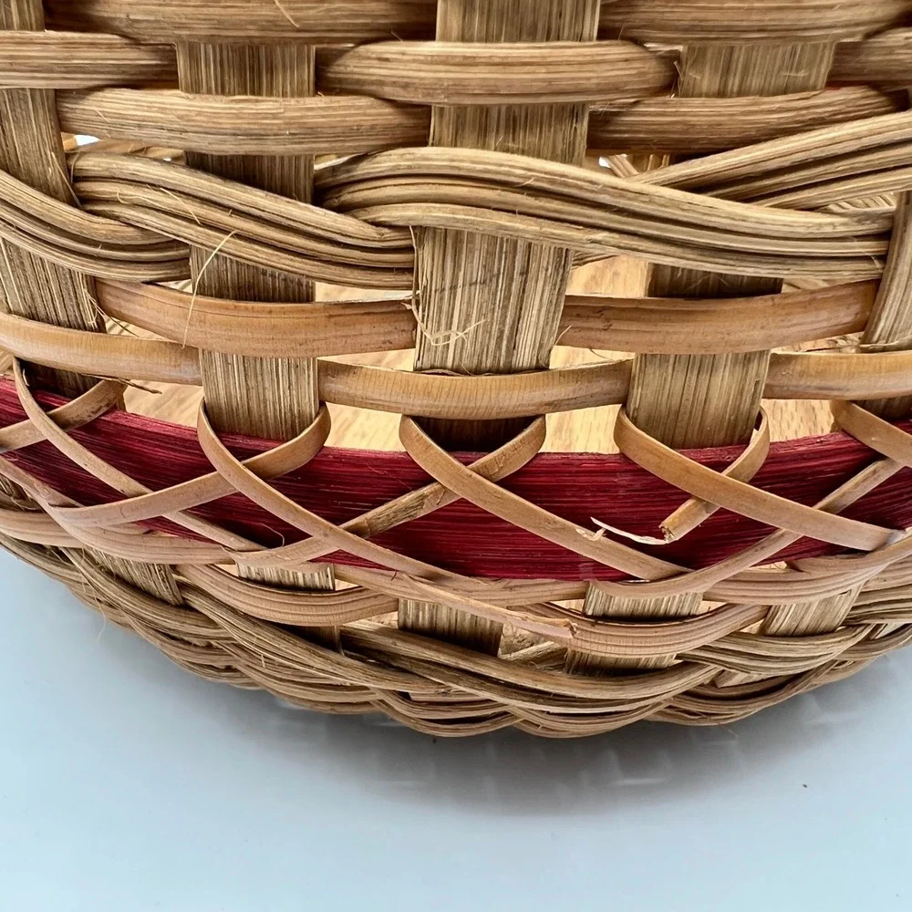 Handmade Round Woven Basket Wood Base Red Accent Band Bentwood Handles 11in